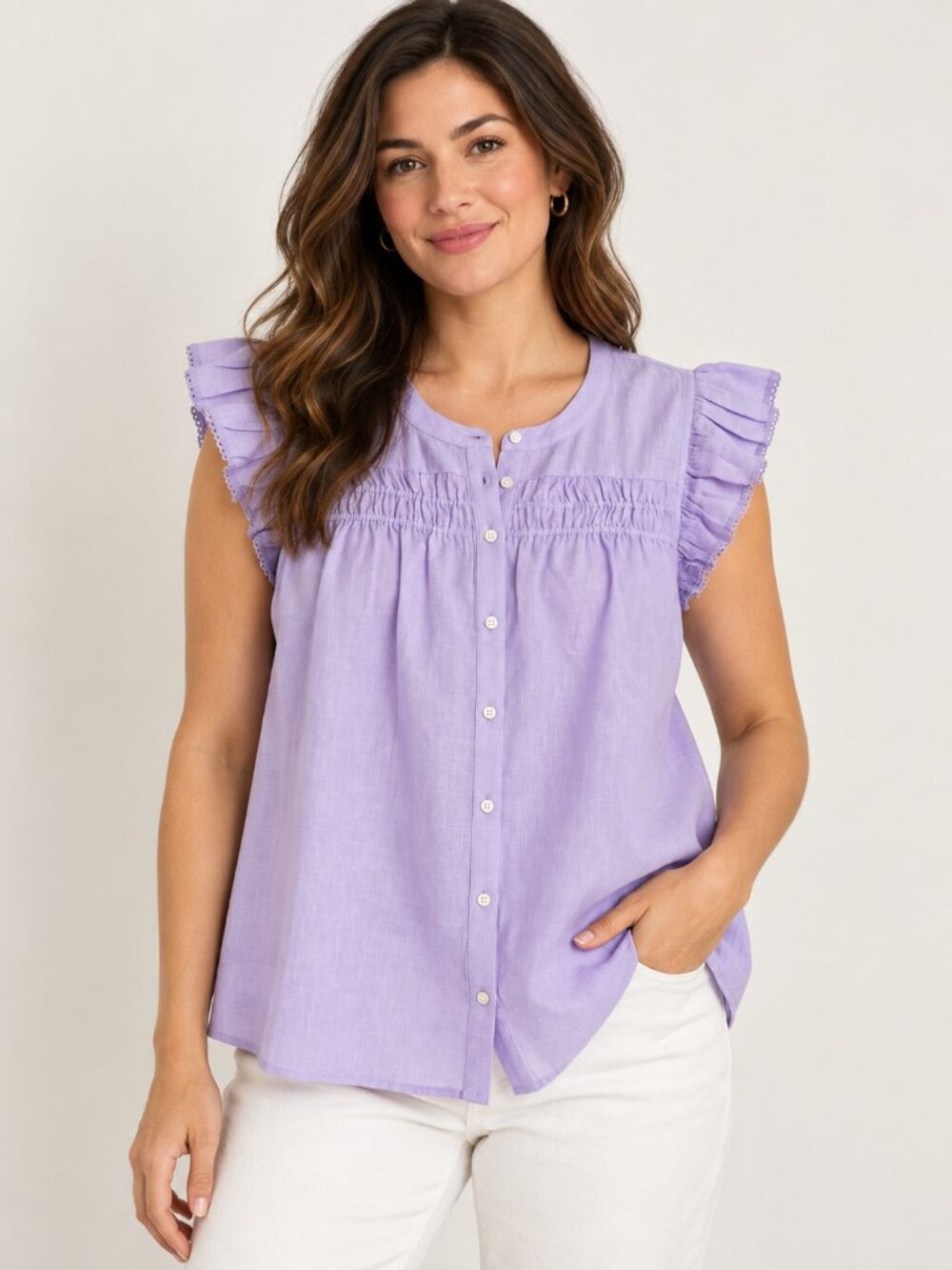 J.Crew Factory Flutter-Sleeve Top Primrose Purple Smocked Button Front M NWT